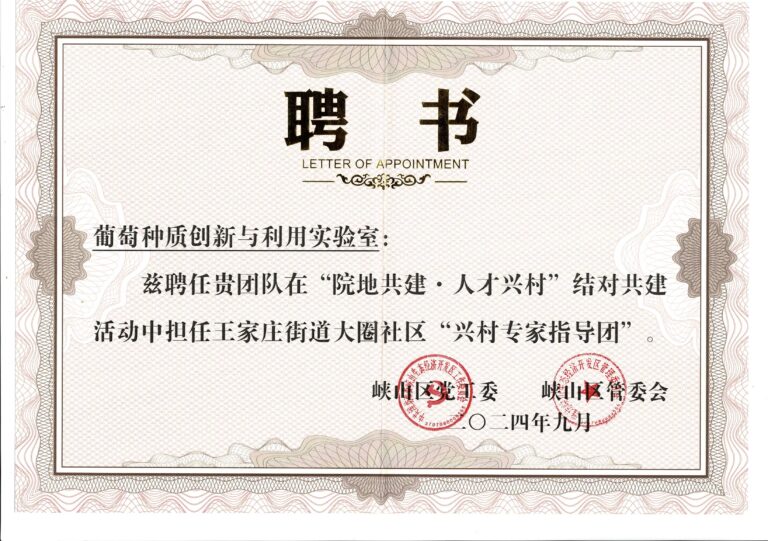 Read more about the article 葡萄种质创新与利用实验室在潍坊人才日系列“院地共建·人才兴村”结对共建活动中受聘王家庄街道大圈社区“兴村专家指导团”